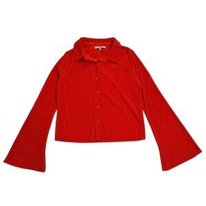 Ribbed Bell Sleeve Button-Up Collared Top By Ro&De XS Polyester Womens Shirt NWT